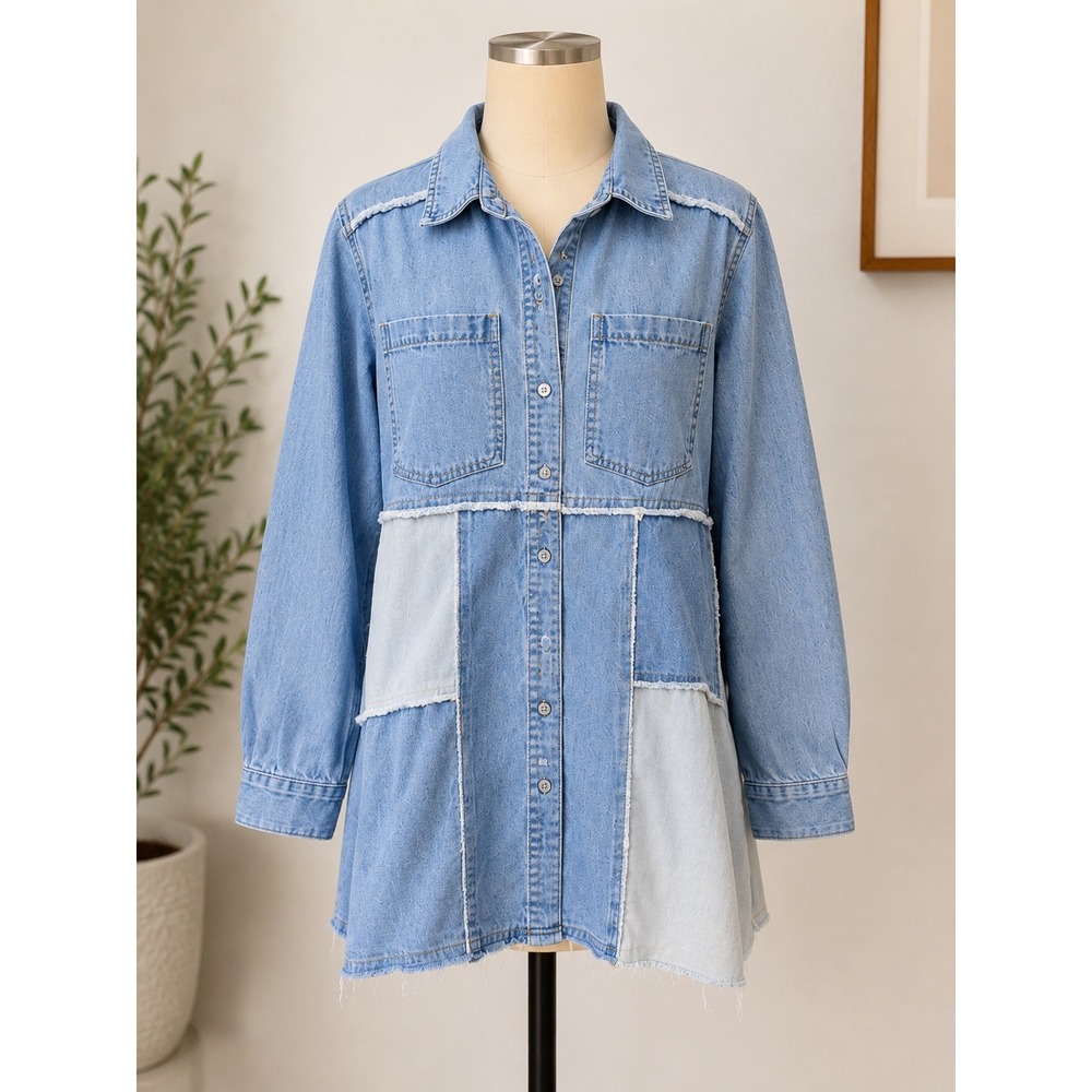 Cleo + Wolf Patchwork Denim Shirt Dress Women's XS Raw Hem Y2K Boho‎